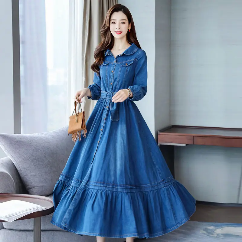 2023 Spring Autumn Denim Dress Female Fashion Doll Collar Dress Korean Womens Clothing Single-breasted Denim Dresses aq260