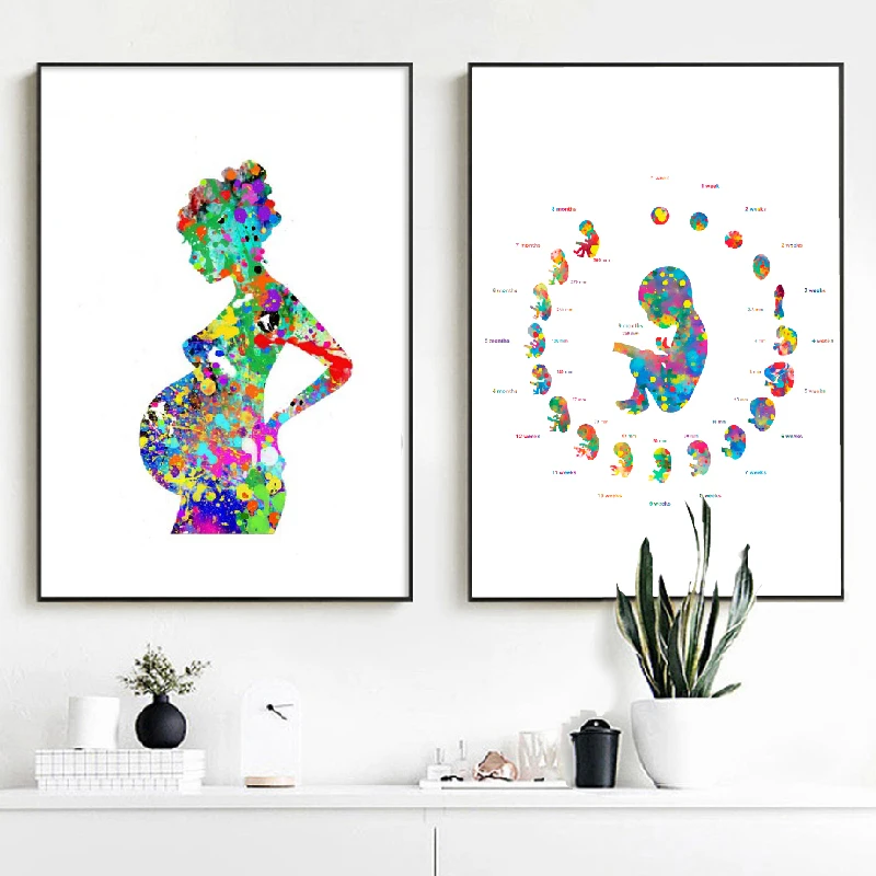 Pregnant Woman Art Canvas Painting Pictures Doctor Obstetrician Gift , Embryo Development Watercolor Art Poster Print Wall Decor