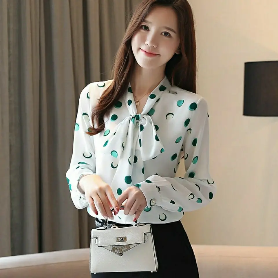 Fashion Women Blouse Bow Tie V-neck Chiffon Elegant Oversize Shirt Polka Dot Print Long Sleeve Ladies Top Female Office Clothes