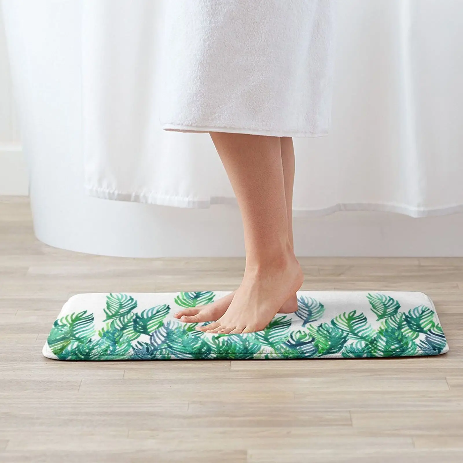 Jungle Rising Soft Non-Slip Mat Rug Carpet Cushion Watercolor Leaves Nature Pattern White Green Emerald Jade Green And