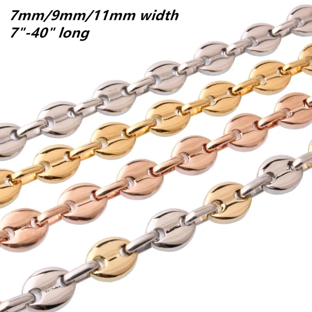 7/9/11mm Women Men's 316L Stainless Steel Coffee Beans Chain Gold Tone/Rose Gold Color Chain Necklace Jewelry Accessories