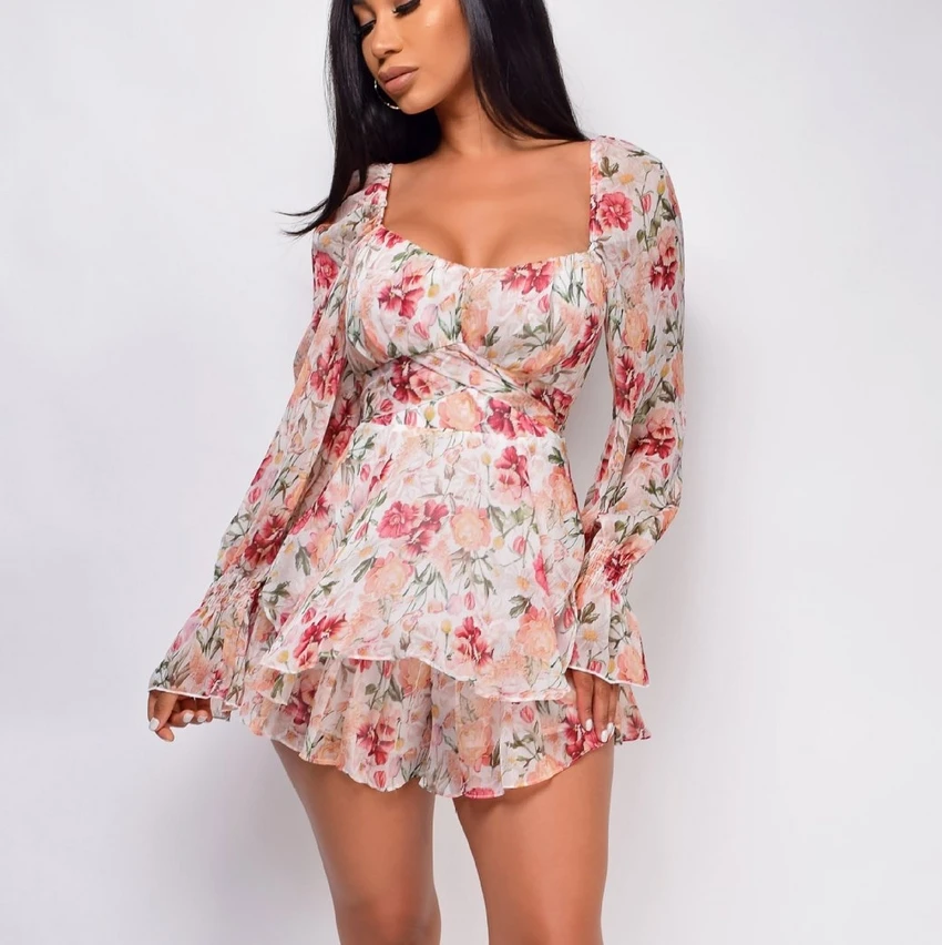 wsevypo Elegant Bobo Floral Playsuit Dress Women’s Square Collar Long Sleeve Ruffles Flare Romper Back Bandage High Waist Suit