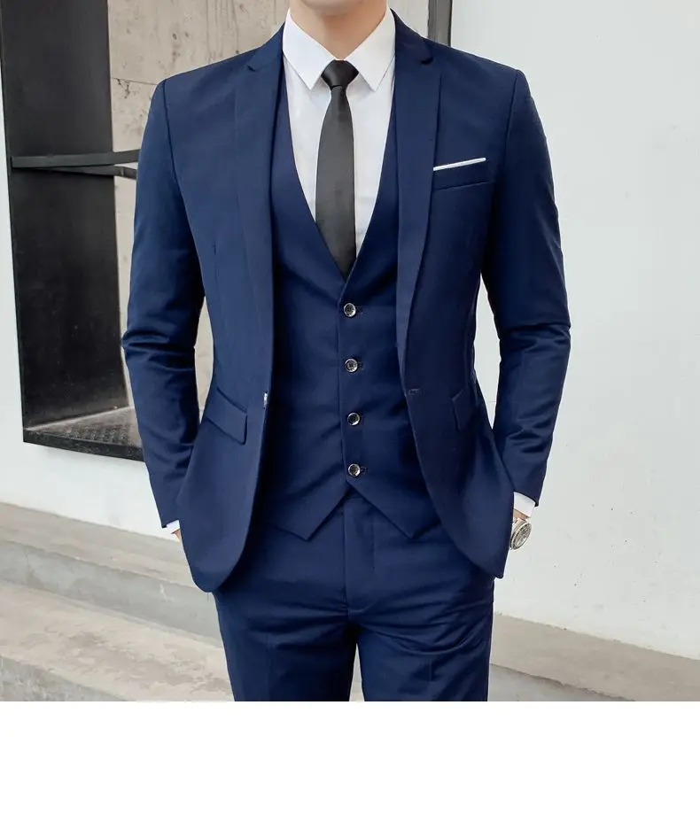 Homens de negócios blazers blazers calças noivo vestido de casamento banquete cor sólida magro ajuste terno (jaqueta + calças + colete)