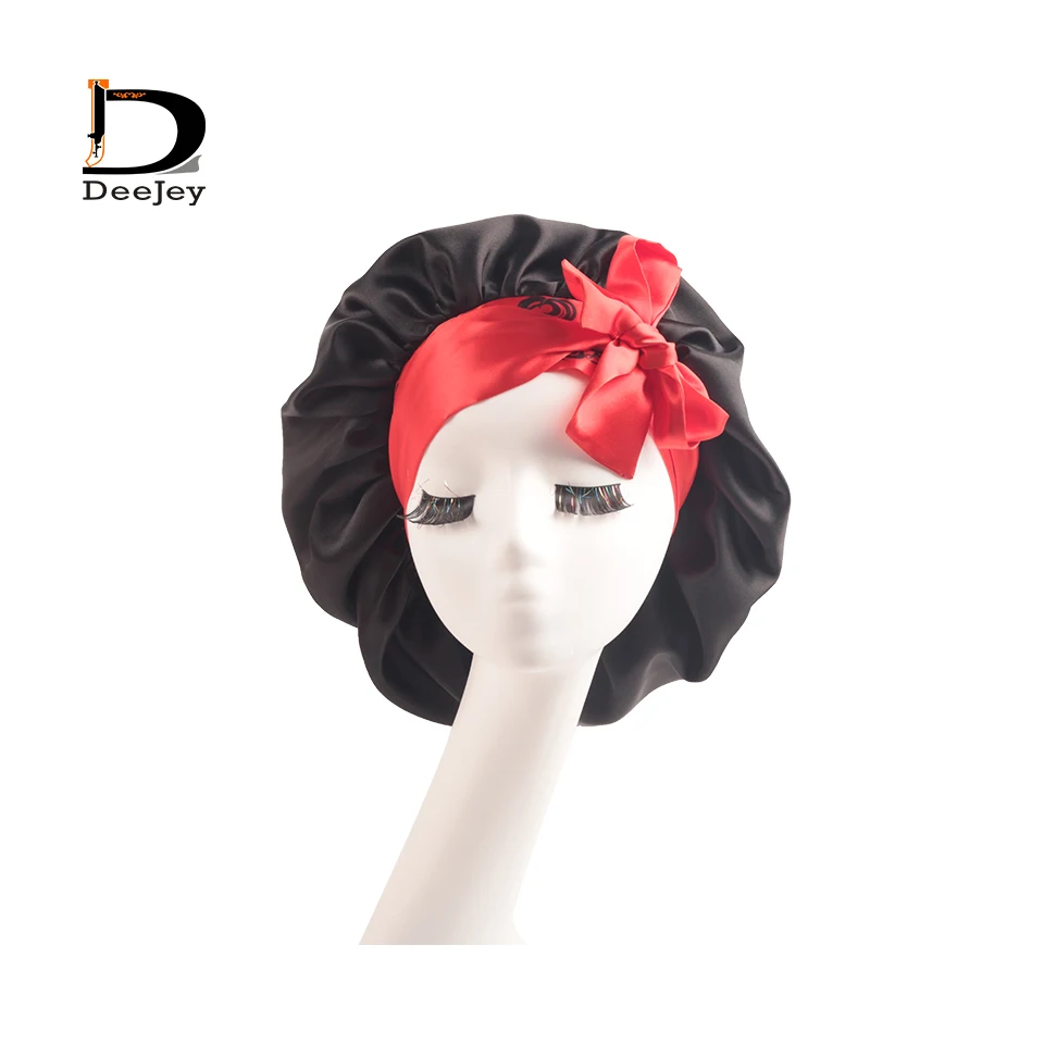 Custom Logo Double Color Wrap Bonnets With Wide Edge Control Wrap Satin Head Band Women Sleep Bonnet