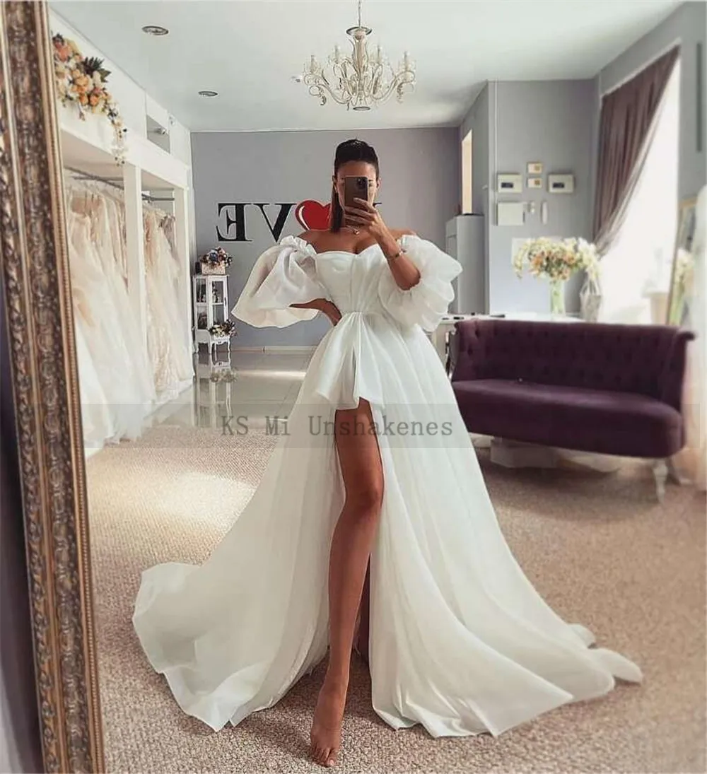 Vestidos de novia plisados con manga abombada para playa, vestido Sexy de Organza con abertura alta, corsé en la espalda, talla grande, para verano, 2022