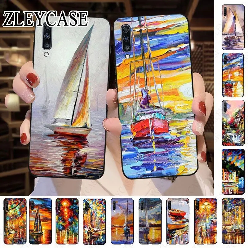 sunset boat Oil Painting Phone Case For Samsung Galaxy A12 A13 A14 A20S A21S A22 A23 A32 A50 A51 A52 A53 A70 A71 A73 5G Cover