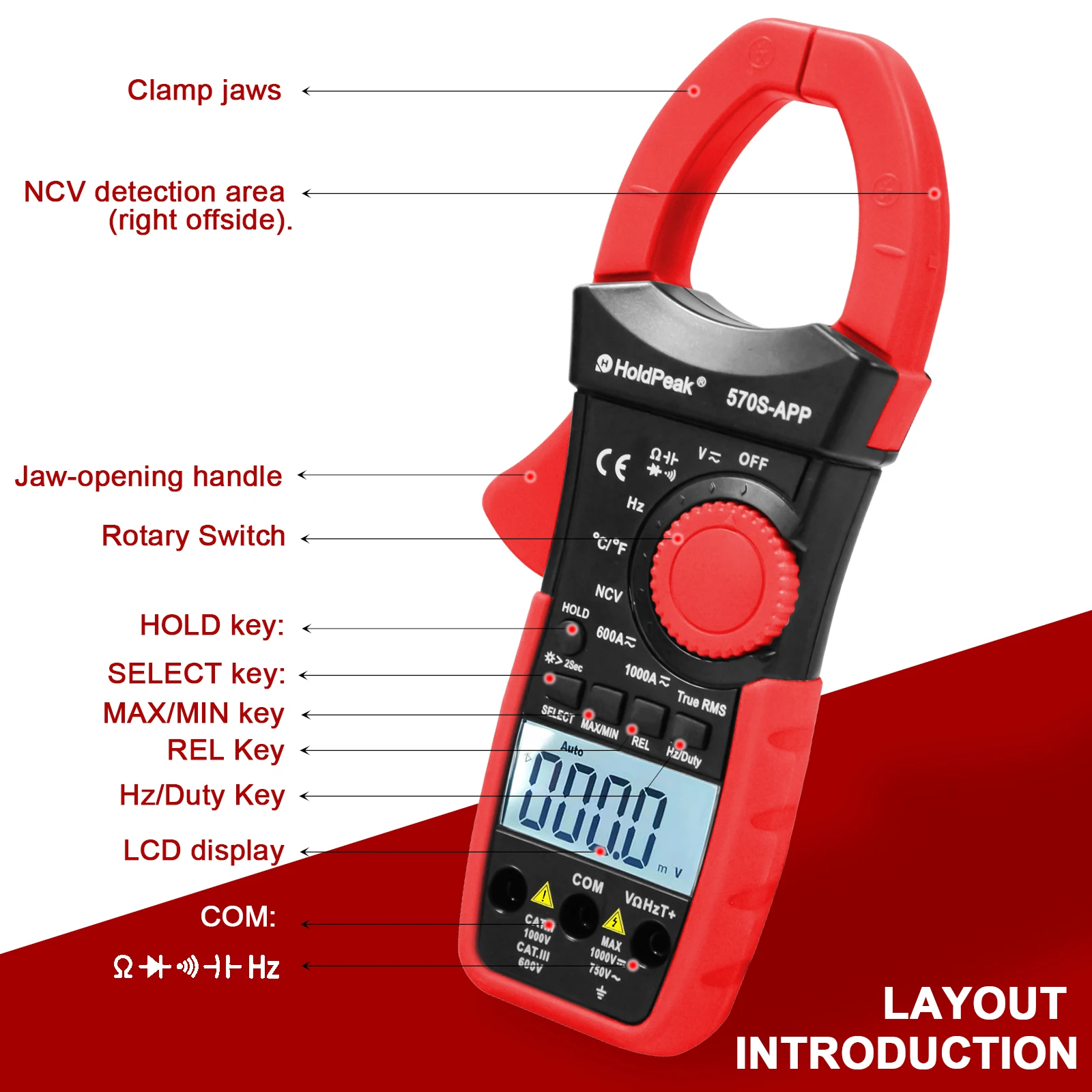 Holdpeak HP-570S-APP Digital Clamp Meter, 6000 Count Multimeter with Auto Range, AC/DC Voltage, AC/DC Current, NCV