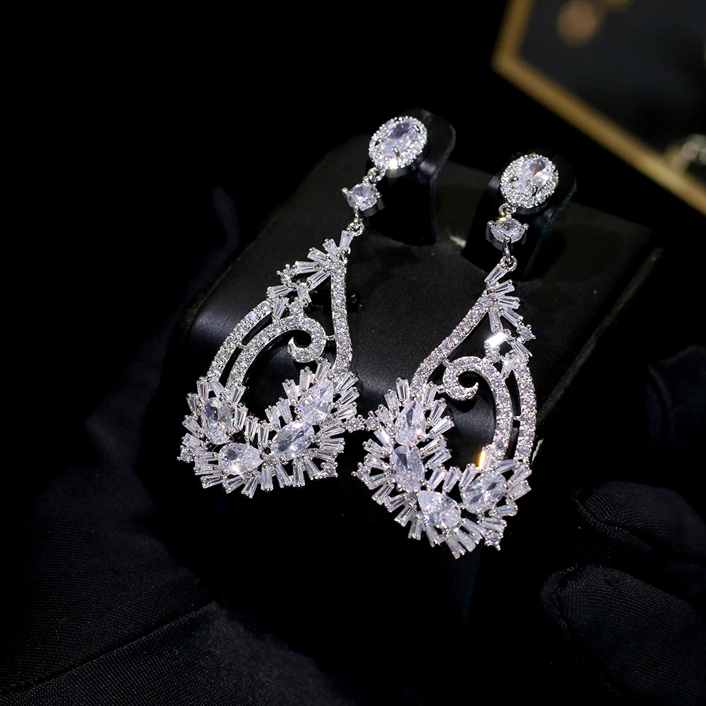 

New Design Party / Dinner / Wedding Earrings Cubic Zirconia Jewelry, Large Long Earrings and Women's Flower Pendant