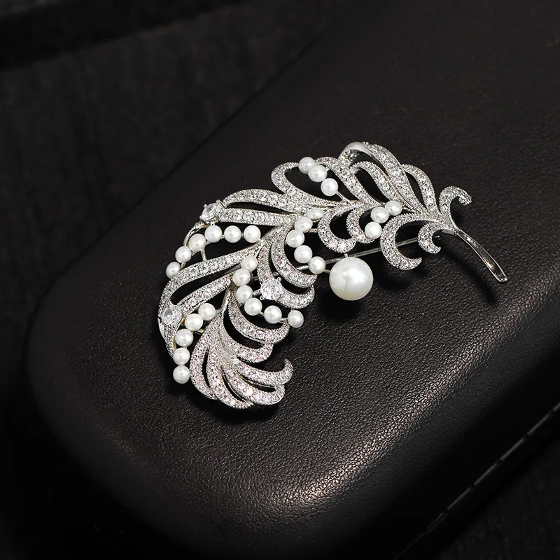 58X32mm Silver Plated Real Freshwater Pearl Feather Brooch With Zircon Classic Jewelry