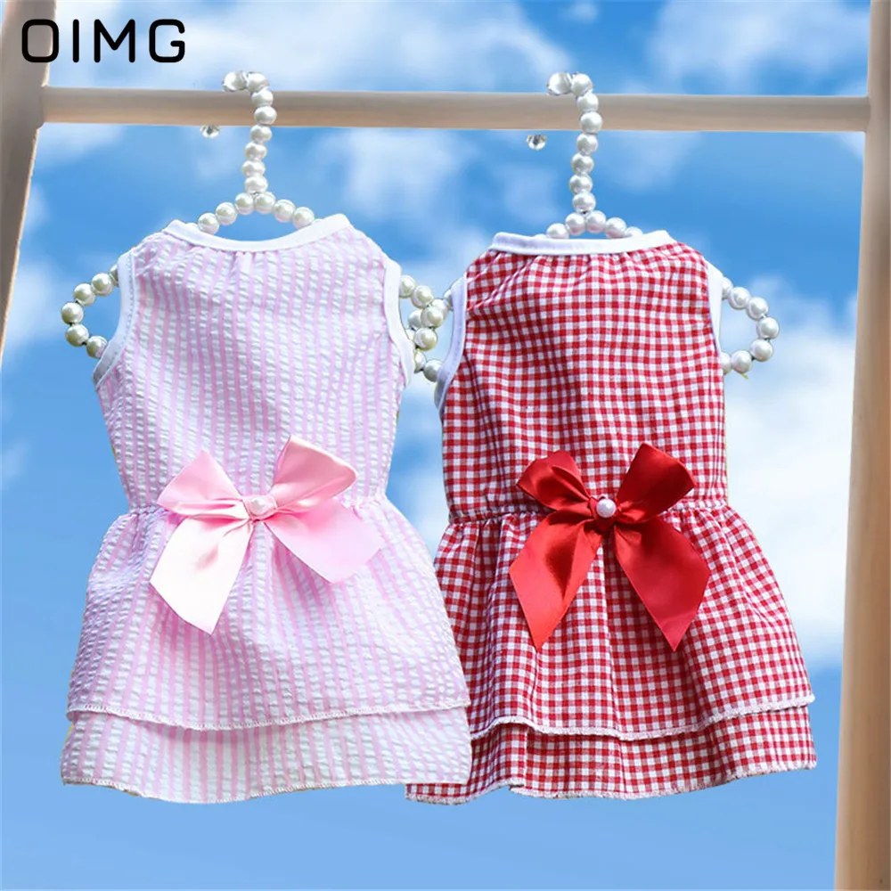 

OIMG Summer Plaid Small Dog Princess Dress Pomeranian Chihuahua Bow Decoration Skirt For Dog Clothing Party Wedding Puppy Dress