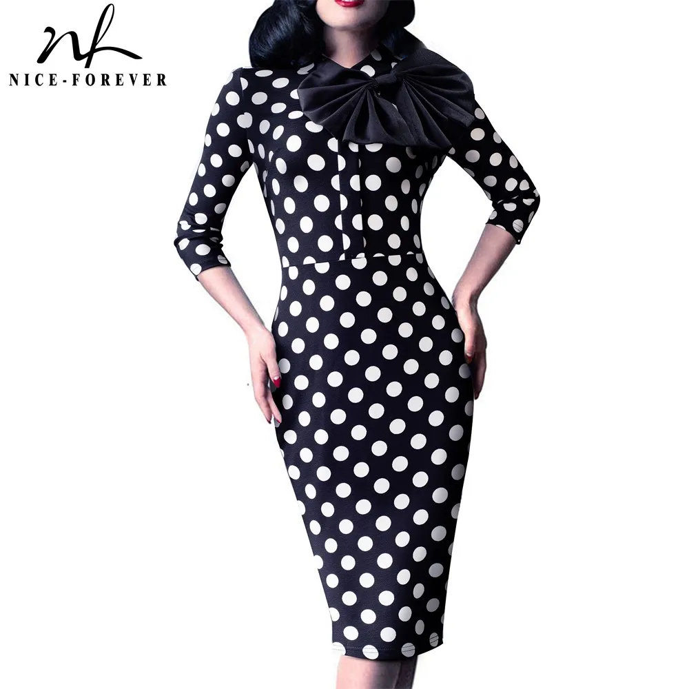 

Женское винтажное платье Nice-forever, деловое облегающее платье-футляр в горошек с бантом, весна-лето 2019