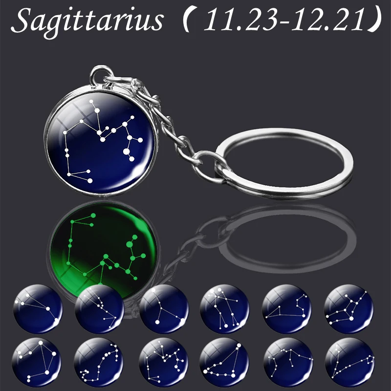 Glow In The Dark Zodiac Sign Keychain Scorpio Leo Cancer Aries Pisces Astrology Jewelry Glass Ball Crystal Keyring Birthday Gift