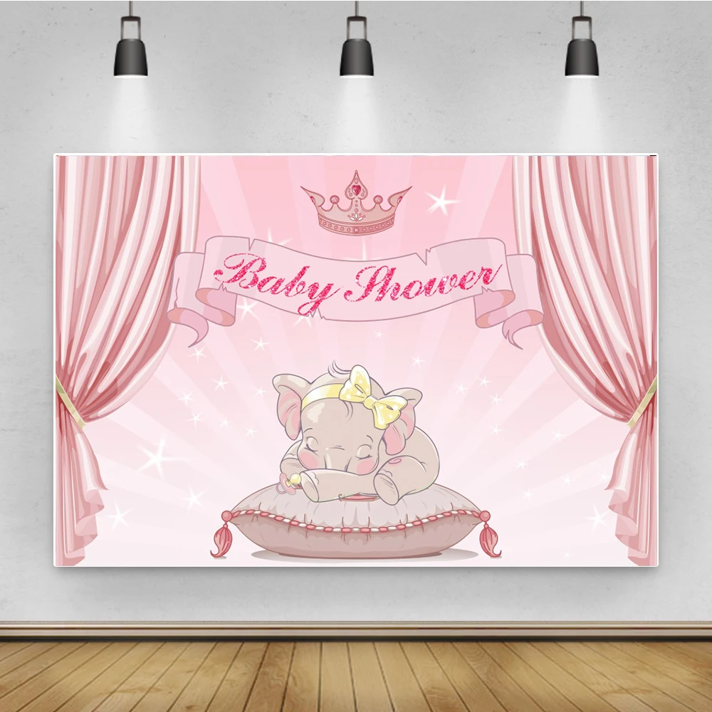 

Newborn Baby Shower Sweet Elephant Backdrop Pink Curtain Crown Glitter Stage Birthday Party Customized Photography Background