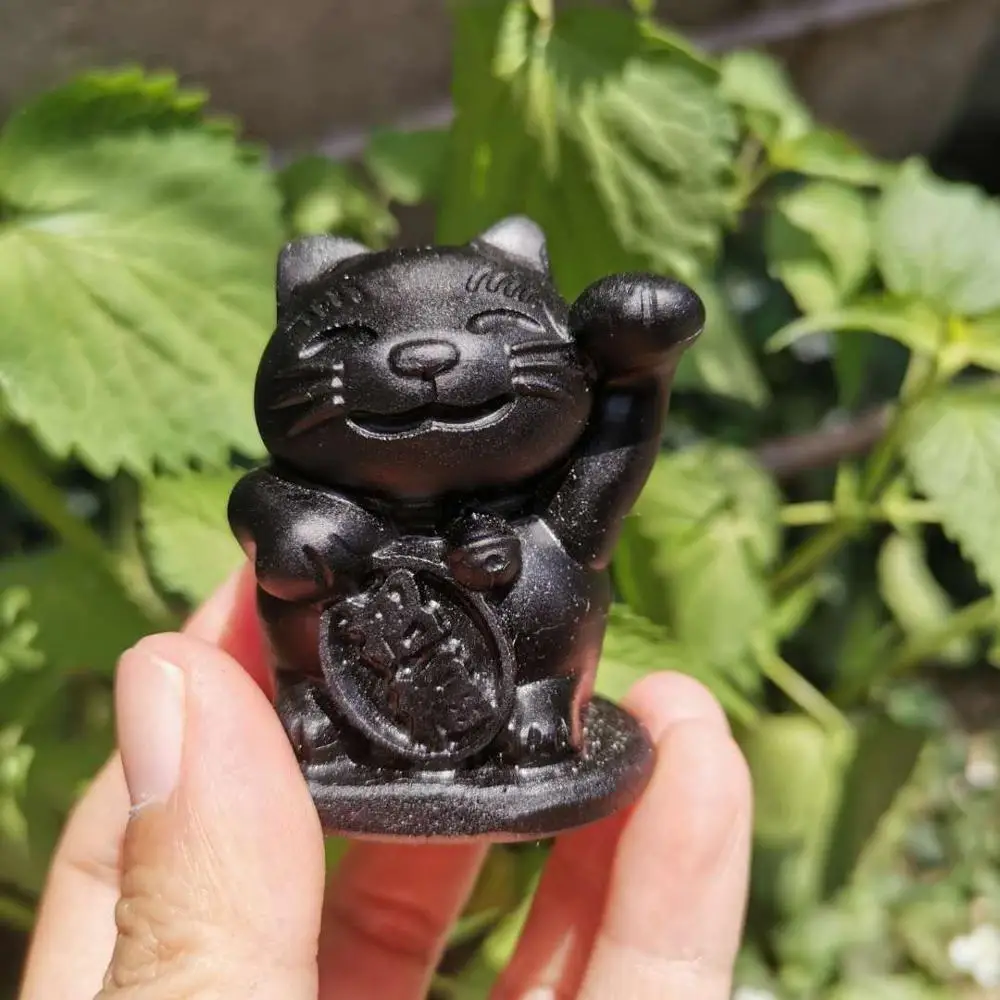 Natural Black obsidian Lucky Cat Carved Rock crystal Fortune Cat Statue for Fortune Money and Good Luck