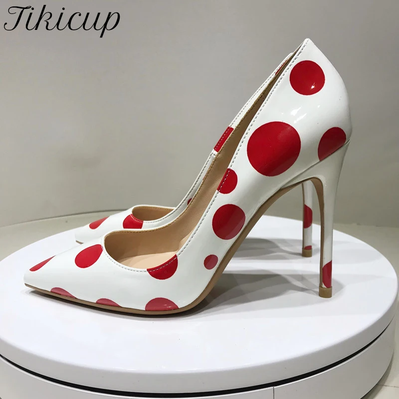 

Tikicup Red Polka Dot Women White Patent Pointy Toe High Heels Cute Slip On Stiletto Pumps Elegant Ladies Fashion Dress Shoes