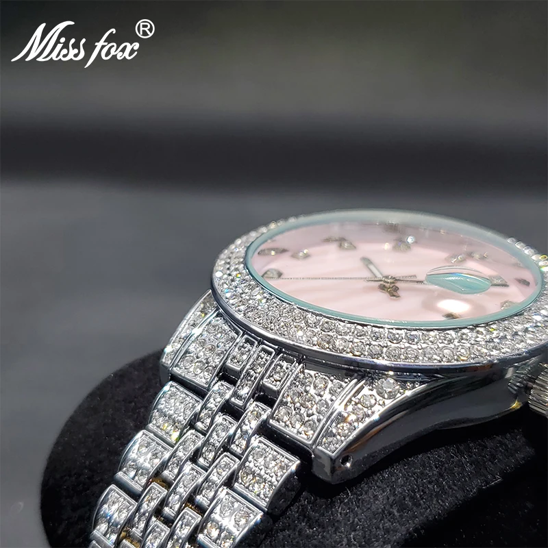 Missfox relógio de pulso de marca de luxo feminino, relógios de diamante com diferentes pérola rosa vestido e munhequeira, envio direto para casal