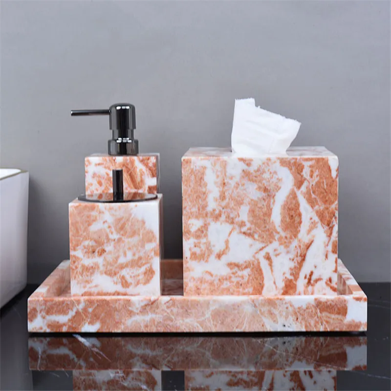 Marble Bathroom Kit, Liquid Soap Dispenser, Dish, Toothbrush Holder, Rack Tray,Cotton Swab Tissue, Napkin Box,Orange,New Arrival