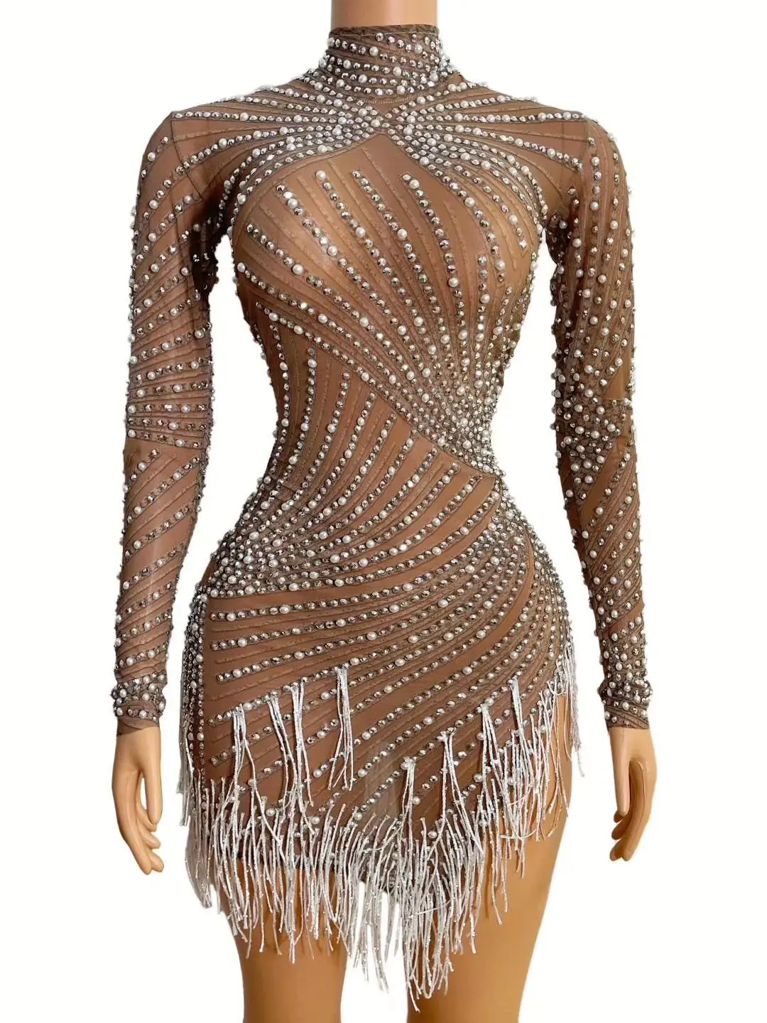 

Nightclub show singer Rhinestones Pearls White Fringe High Neck Mesh Dress Bar Birthday Celebrate Dress Women Dance Outfit