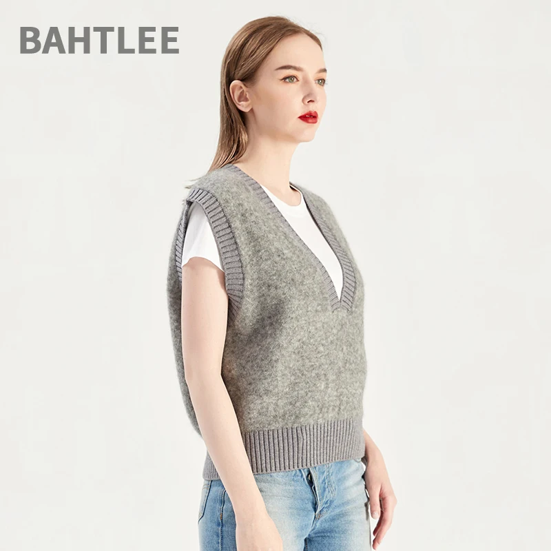 BAHTLEE-Women's Mohair Sleeveless V-Neck Pullovers Vest, Pure Color Wool Sweater, Knitted Split Jumper, Autumn, Spring