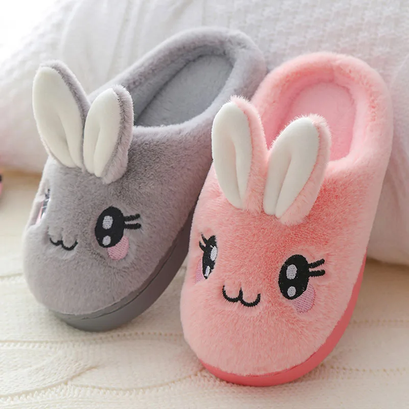 Baby Girls Cotton Slippers 2024 New Winter Children\'s Cute Rabbit Plush Slippers Boys Home Indoor Shoes Furry Kids Slippers