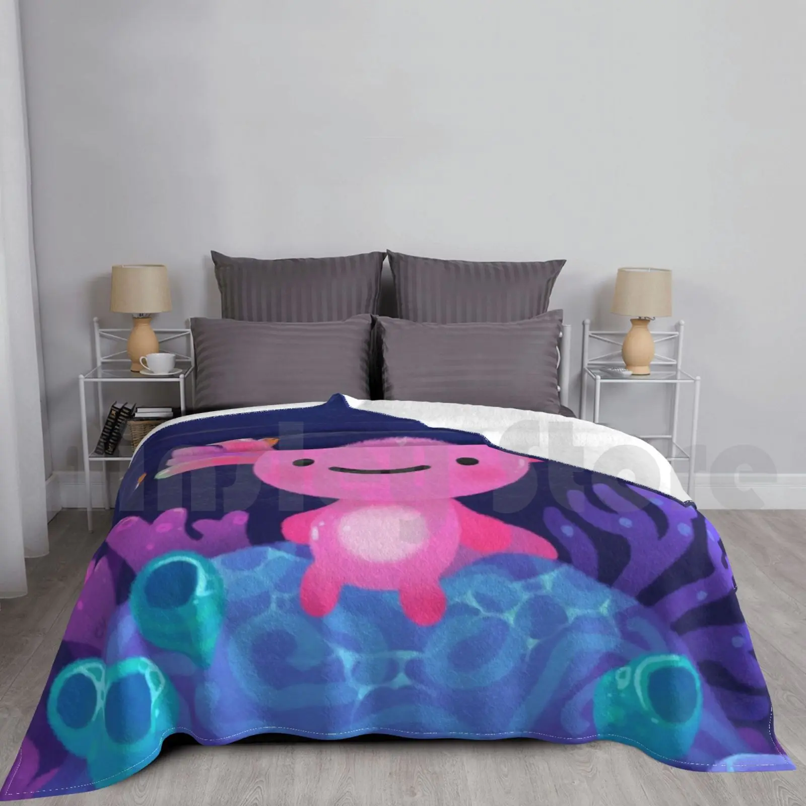 Coral Axolotl Blanket For Sofa Bed Travel Coral Axolotl Walking Fish Fish Pink Summer Ocean Sea Clown Fish