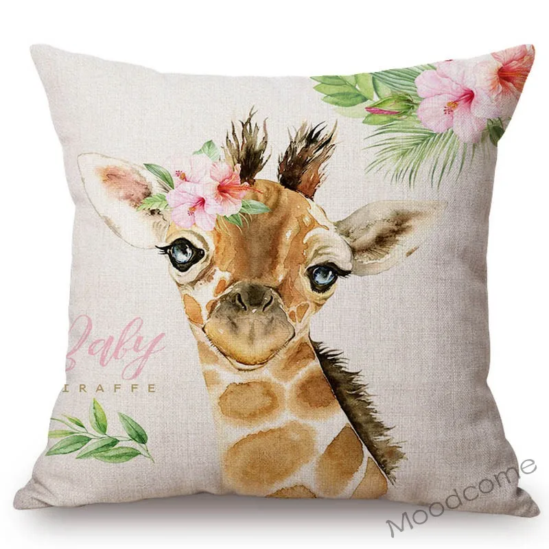 Cute Floral Animals Baby Girl Room Decoration Throw Pillow Case Woodland Baby Panda Bunny Rabbit Goat Cotton Linen Cushion Cover