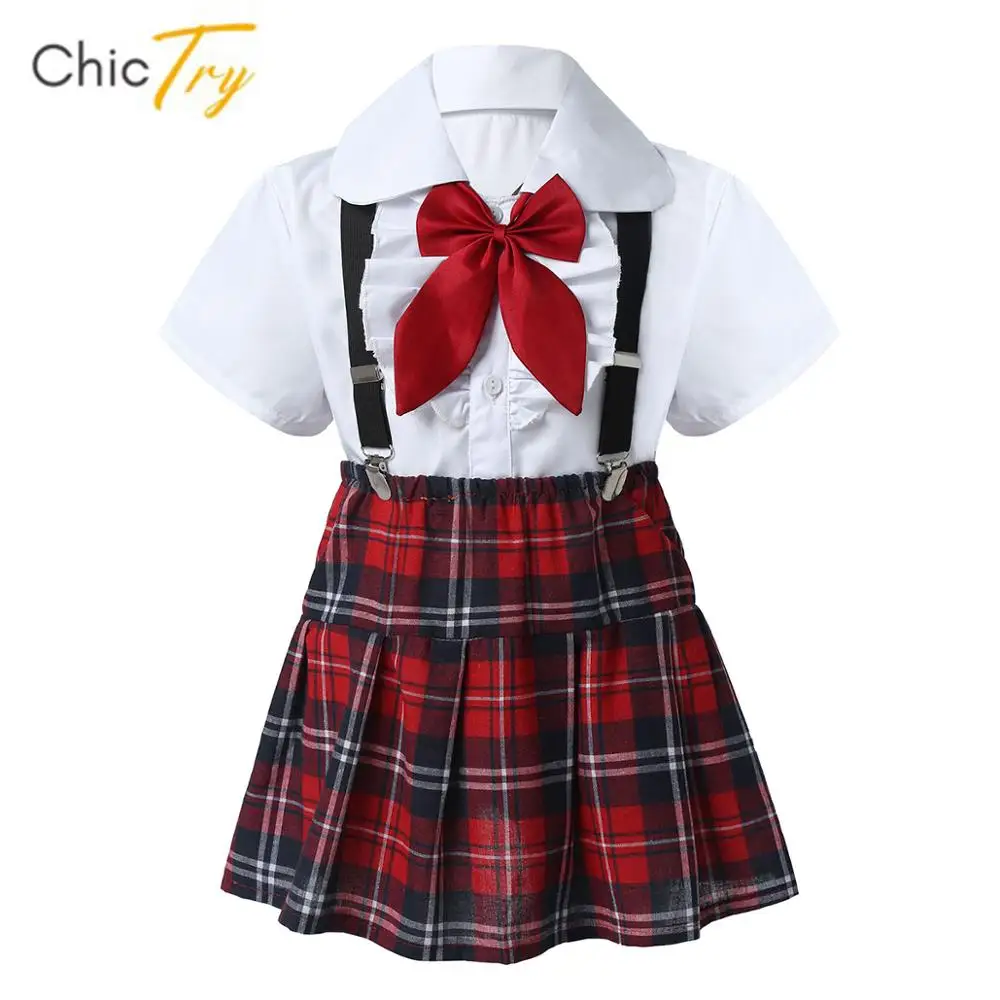 

Kids Girls Dance Performance Suit Short Sleeve Shirt Tops Suspenders Plaid Skirt Student School Uniforms Children Choir Costumes