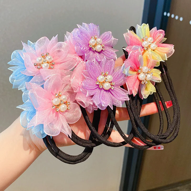 Fashion Girls Pearl Crystal Hair Pin Foldable Hair Rope Lovely Colorful Flowers Hair Accessories Fixed Hair Jewelry Hair Pi