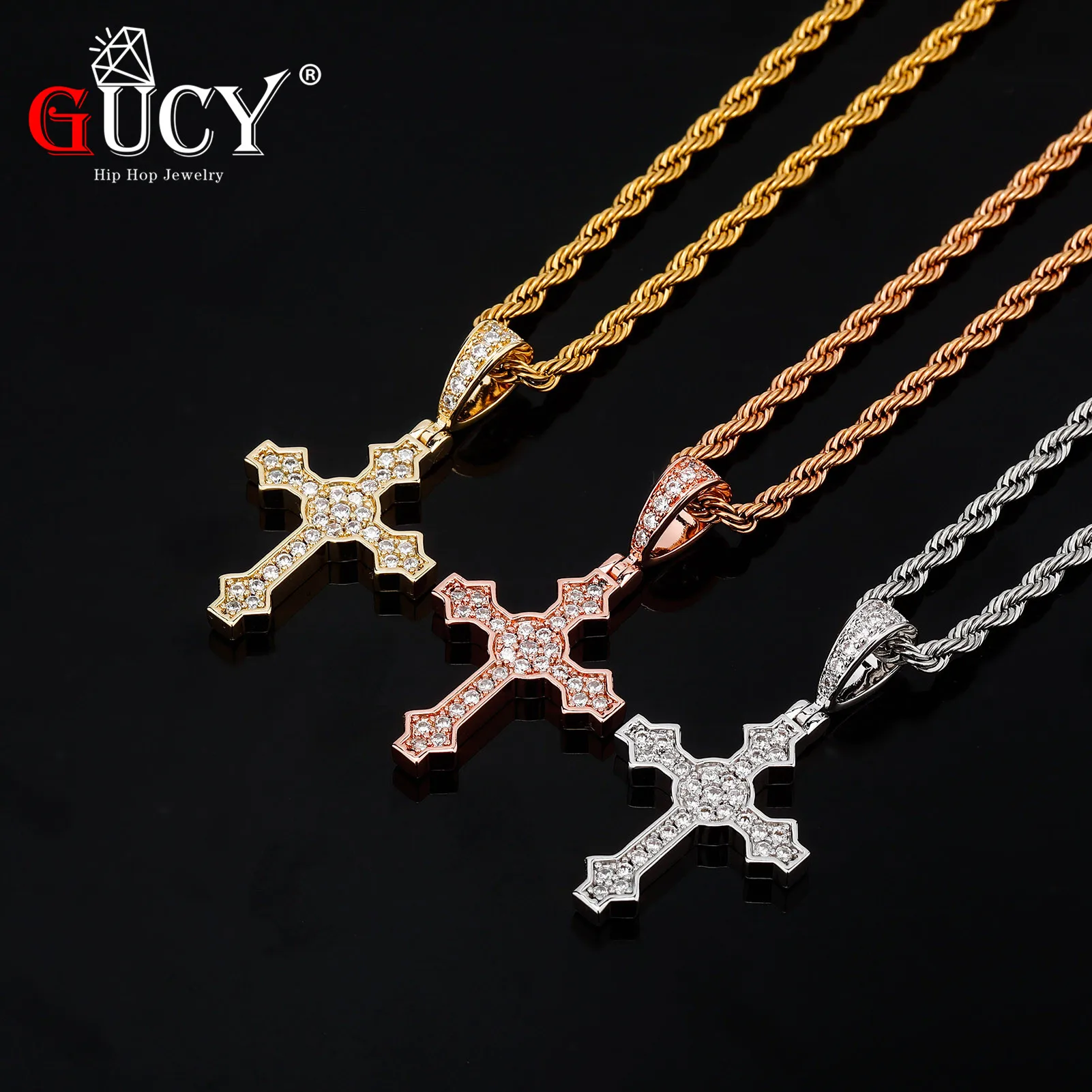 GUCY Cross Pendant With 4mm Tennis Chain Necklace  AAAA Cubic Zircon  Men's  Women Pendant Hip Hop Jewelry For Gift