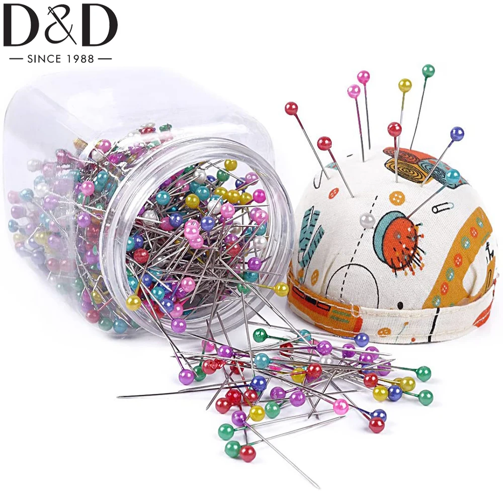 D&D 500Pcs Pearl Head Needle Quilting Pins Packed in Fabric Covered Pin Cushion Bottle Wedding Decorating Tool Sewing Crafts