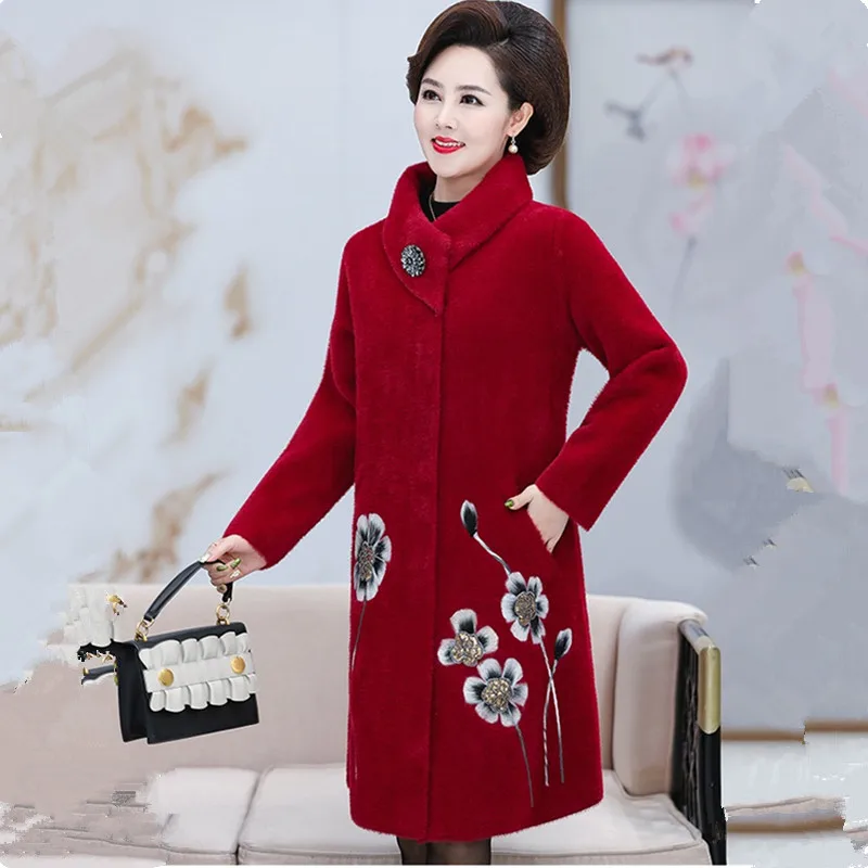 UHYTGF Quality mink cashmere autumn winter wool coat women embroidered noble cashmere warm long jacket thick Big size coats 633