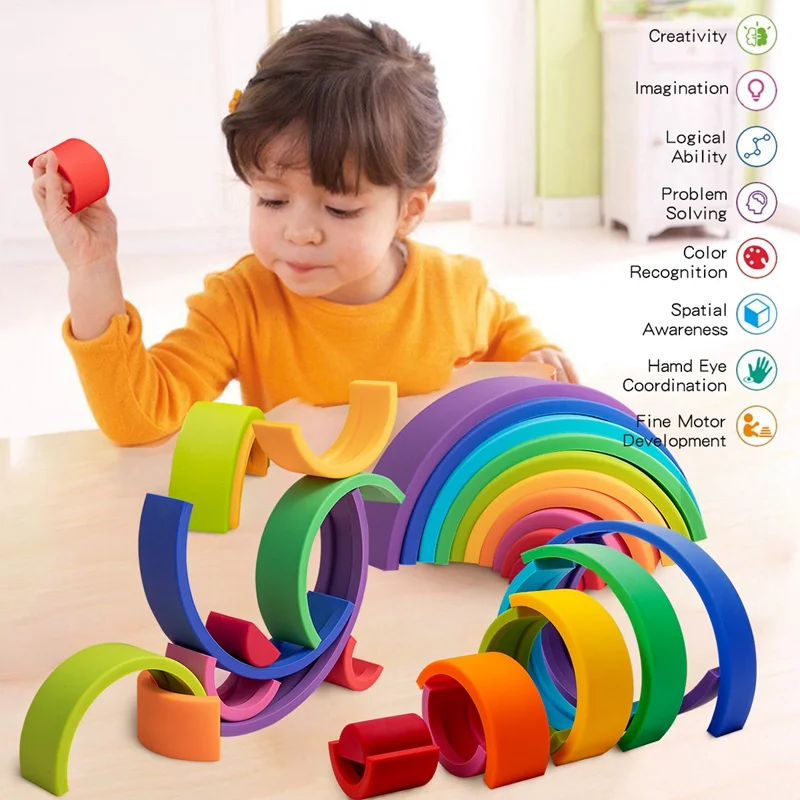 สายรุ้งซิลิโคนบล็อกสำหรับเด็ก Rainbow Stacker Stacking Blocks ของเล่นเด็ก Constructor Montessori เกมของเล่นเพื่อการศึกษาของขวัญ