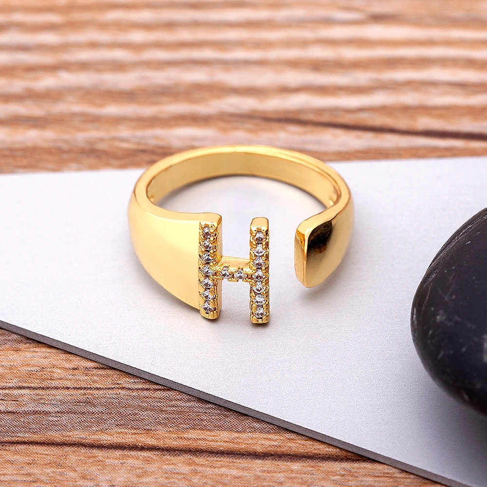 Fashion Chunky Wide Hollow A-Z Letter Gold Color Adjustable Opening Ring Initials Name Alphabet Female Party Wedding Jewelry