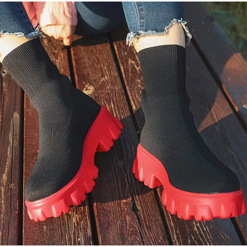 

Women Ankle Boots Platform Knitted Ladies Autumn Socks Boots for Women Fashion Female Booties Plus Size High Heel Boot Chunky
