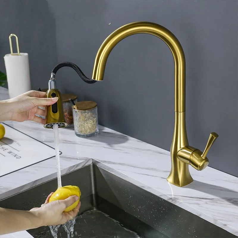 

Pull out kitchen sink faucet Brushed gold brass kitchen faucet copper cold hot water faucet with 3 functions kitchen sprayer