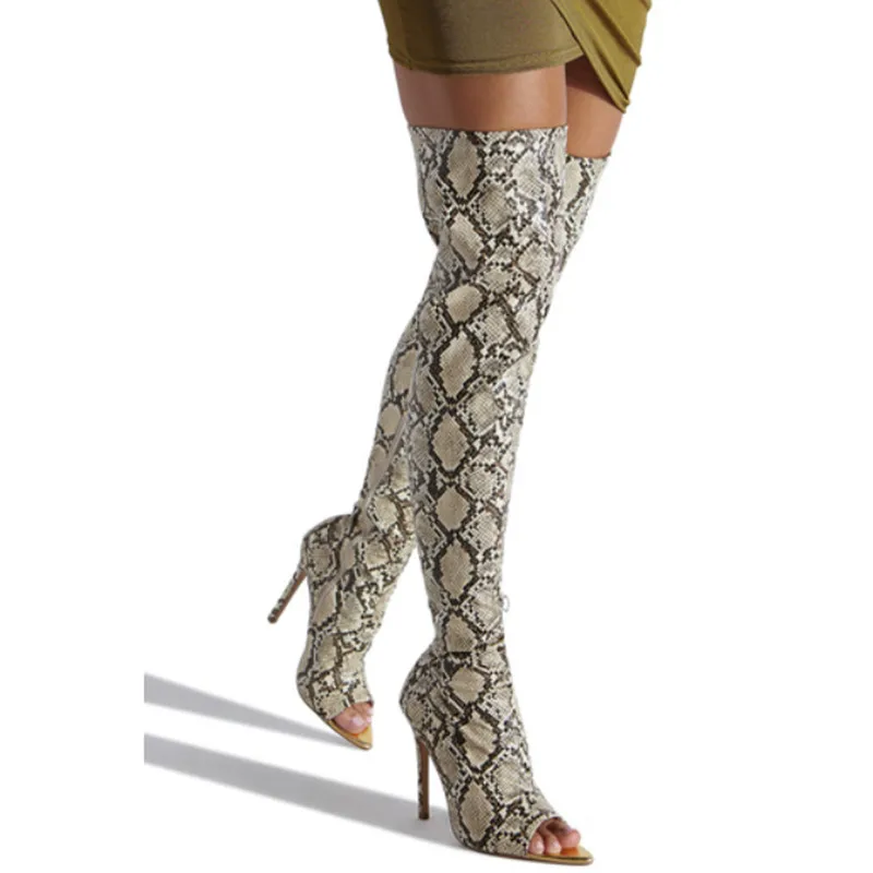 Fashion Winter Snake Prints Over The Knee Boots Women 2020 Sexy Lady Peep Toe Sandals Boots Long Stretch Thigh High Heels Boots