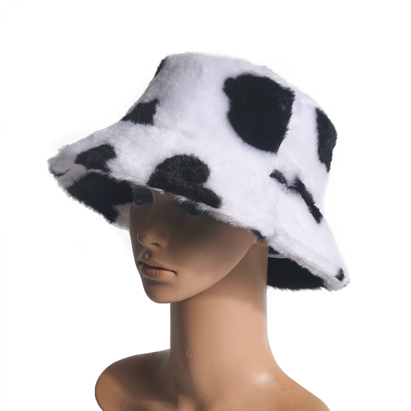 New Fashion Faux Fur Cow Print Bucket Hats Women Winter Panama Fisherman Caps Gorra