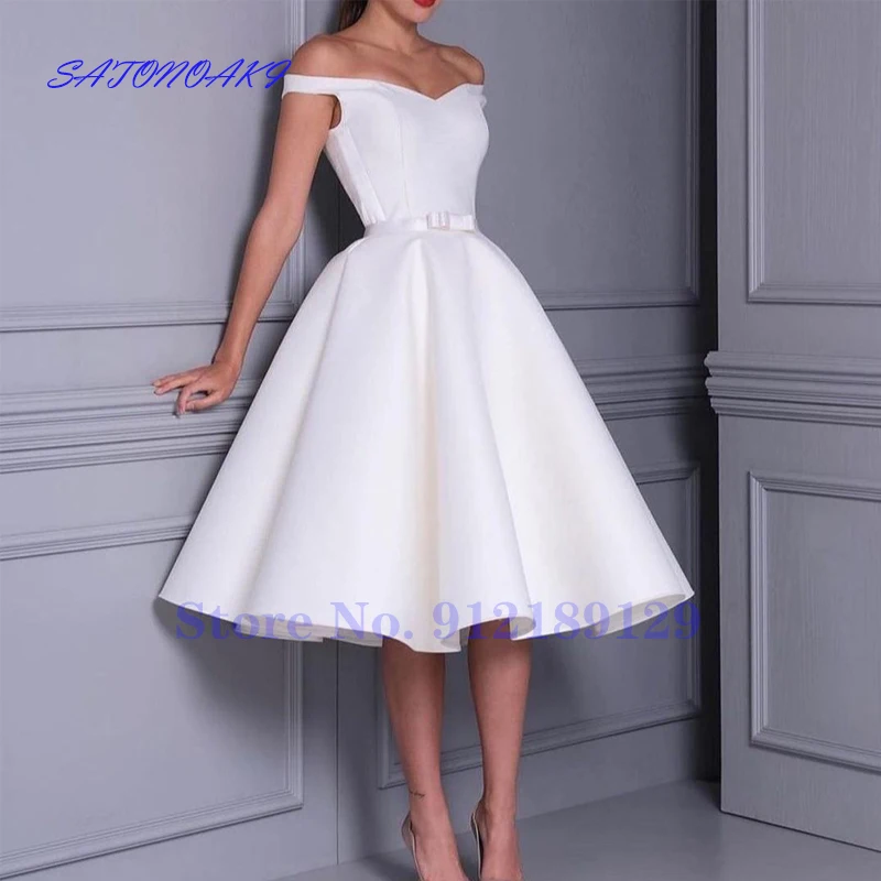 Abiti da sposa elegante abito da sposa corto in raso con fiocco lunghezza tè allacciato indietro abito da cerimonia formale per donna Robe De Mariée