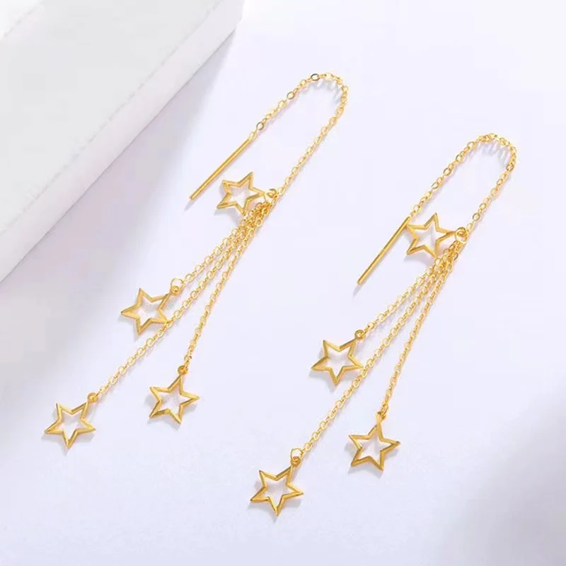 100% 18K Gold Star Tassel Earrings Line Women Fashion Jewelry Au750 Rose Gold Hollow Out Stars Pendant Earrings Birthday Gift