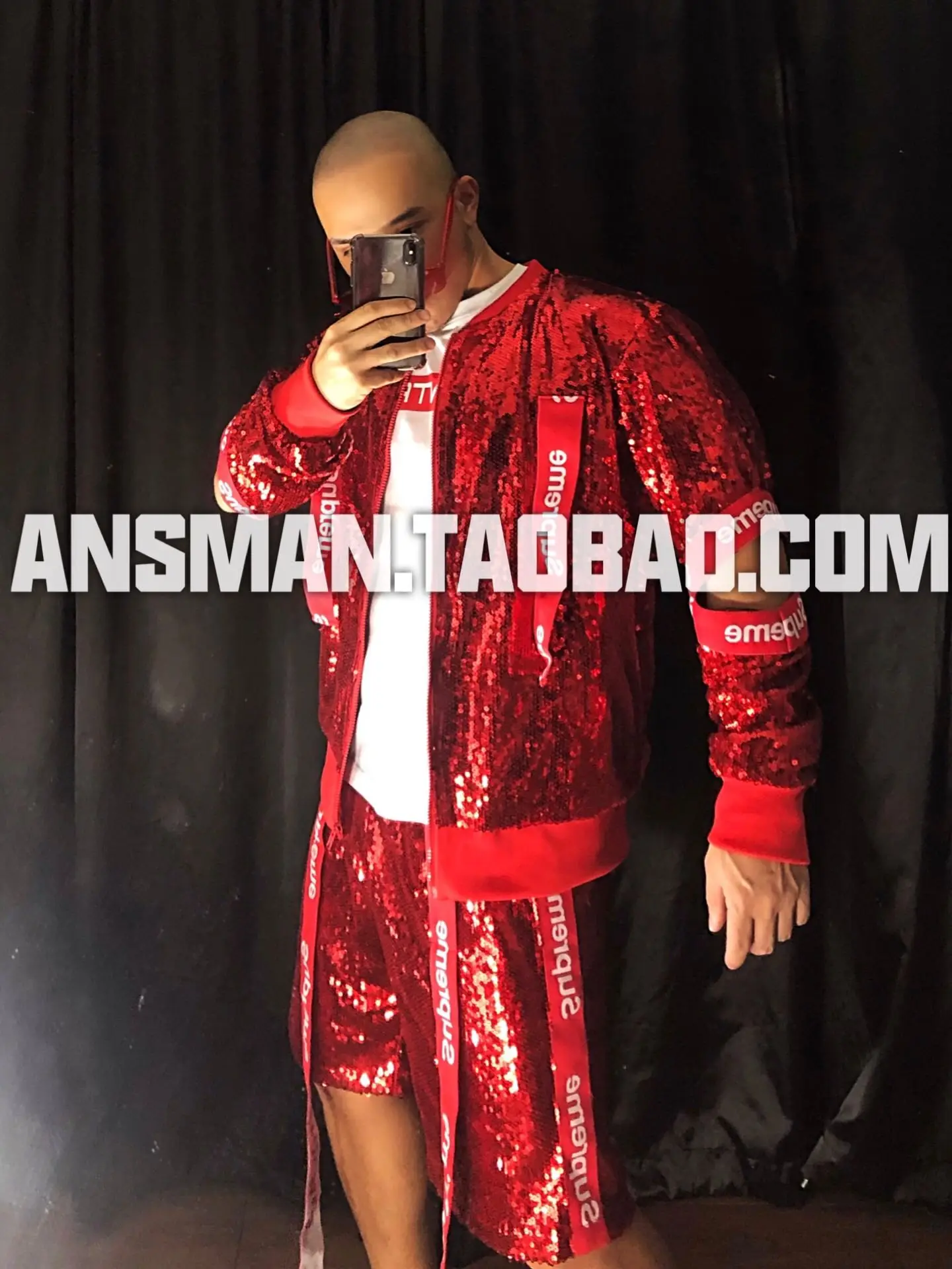 

Red Bar DJ Male Singer New Year Ribbon Sequined Hip Hop Baseball Uniform Men's Carnival Party Lead Dancer Costume