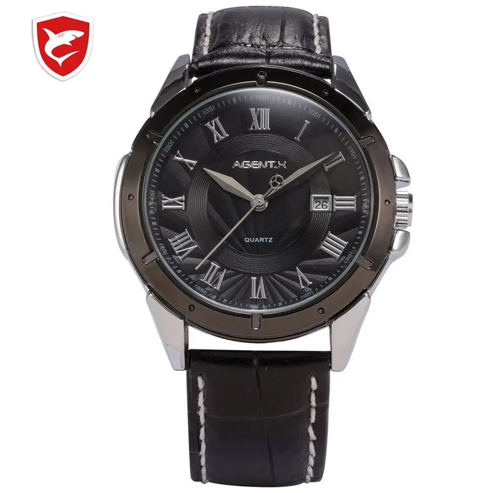 AGENTX Roman Numerals Day Display Black Stainless Steel Case Leather Strap Band Wristwatch Mens Quartz Business Watches / AGX041