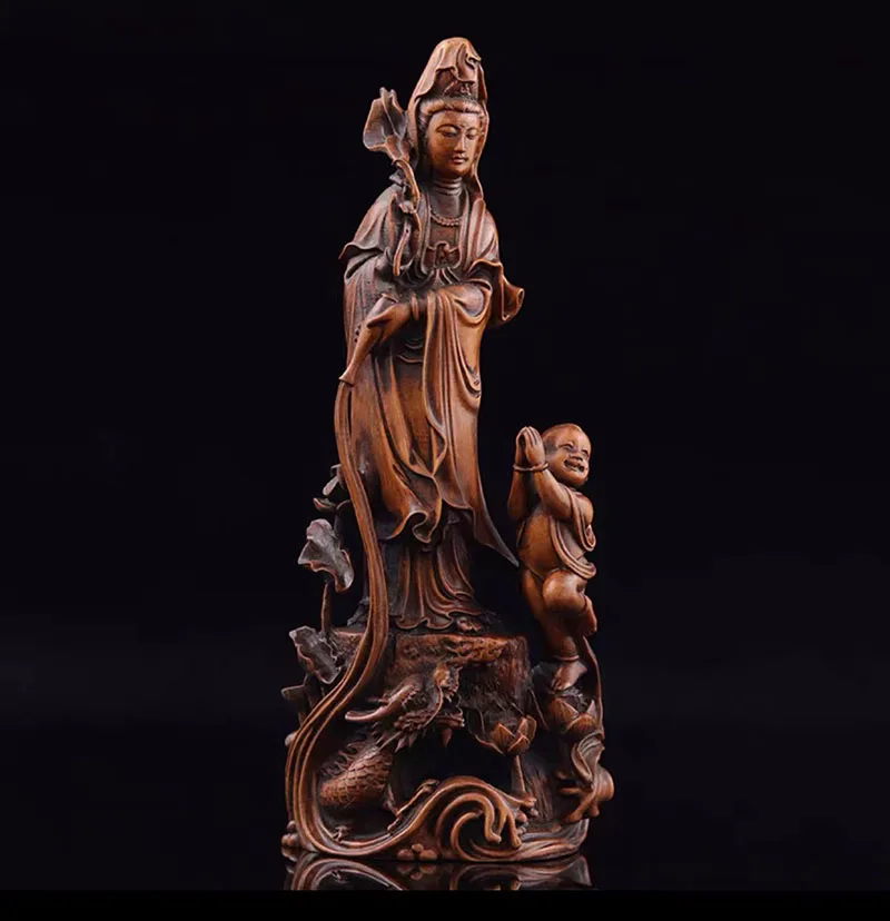 XS444- 18X7.5X4.5 CM Bodhisattva Guan Yin Boxwood Sculpture Kuan Yin Buddha Statue Home Decor