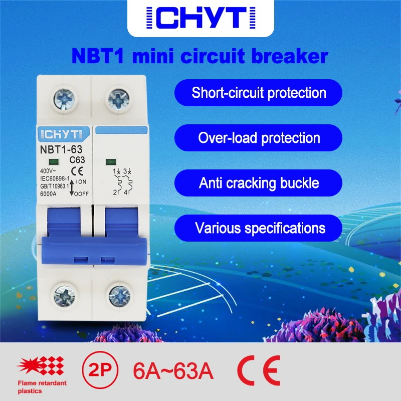 NBT1-63 2 pole 6A 10A 16A 20A 32A 40A 50A 63A 400V C type mini circuit breaker mcb Mounting 35mm din rail Breaking Capacity 6KA