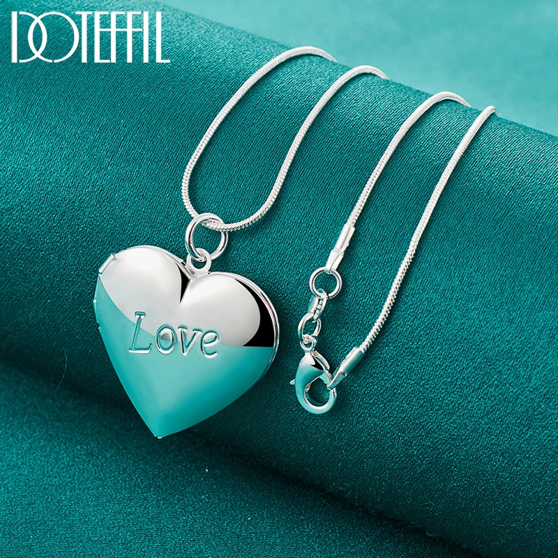 DOTEFFIL 925 Sterling Silver 16-30 Inch Snake Chain Love Photo Frame Necklace For Woman Man Fashion Wedding Party Charm Jewelry