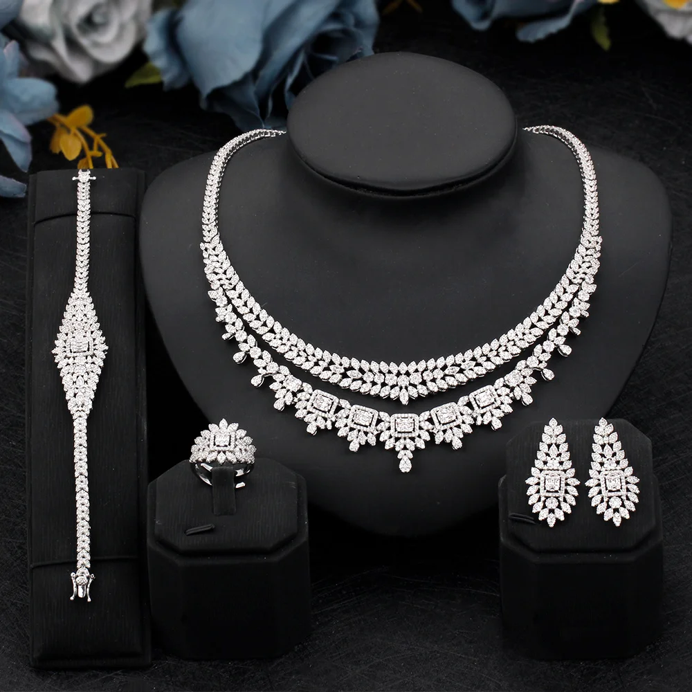 

Dazzling Women Wedding Jewelry Set 4 PCS Ring Earring Bracelet Necklace Cubic Zirconia Bridal Jewellery Accessories High Quality