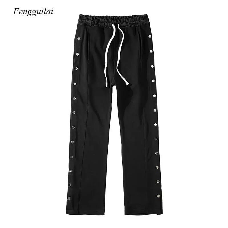 Double Side Button Jogger Sweatpants Men Elastic Wasit Streetwear Loose Casual Hip Hop Trousers Wide Leg Harajuku Cargo Pants