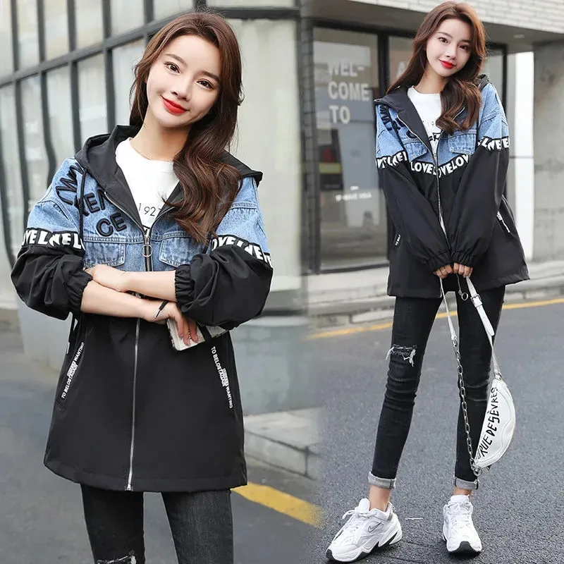 Spring Autumn New Ladies denim jacket Casual Hooded All-match Women\'s Coat Loose Cowboy Letter Printing Patchwork Ms Outerwear