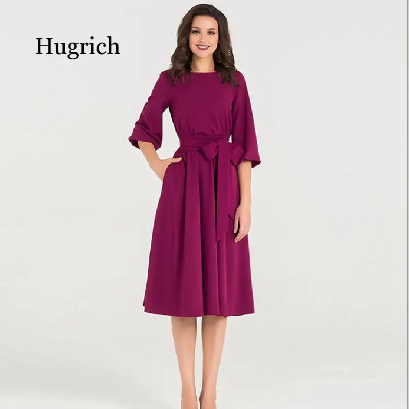 Summer Autumn Dress 2020 Solid Color High Waist a Line Ladies Midi Dresses Casual Puff Sleeve Vintage Women