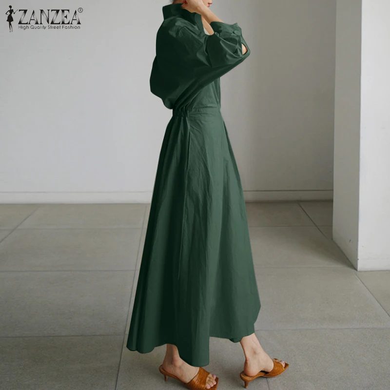 ZANZEA Fashion Lapel Neck Long Sleeve Sundress Elegant Women Autumn Long Shirt Dress Oversized Solid OL Vestidos Robe Femme