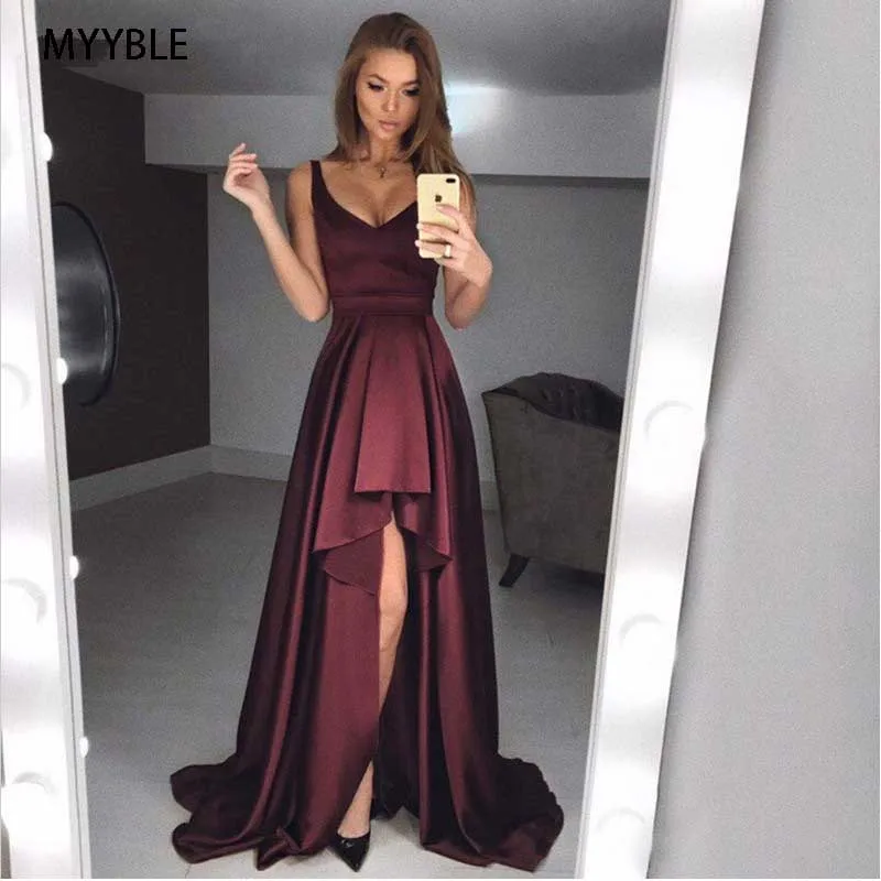 MYYBLE 2020 Sexy Sleeveless Evening Dress Long Short Front Long Back Vestidos Satin Party Gowns Evening Gowns Robe De Soiree